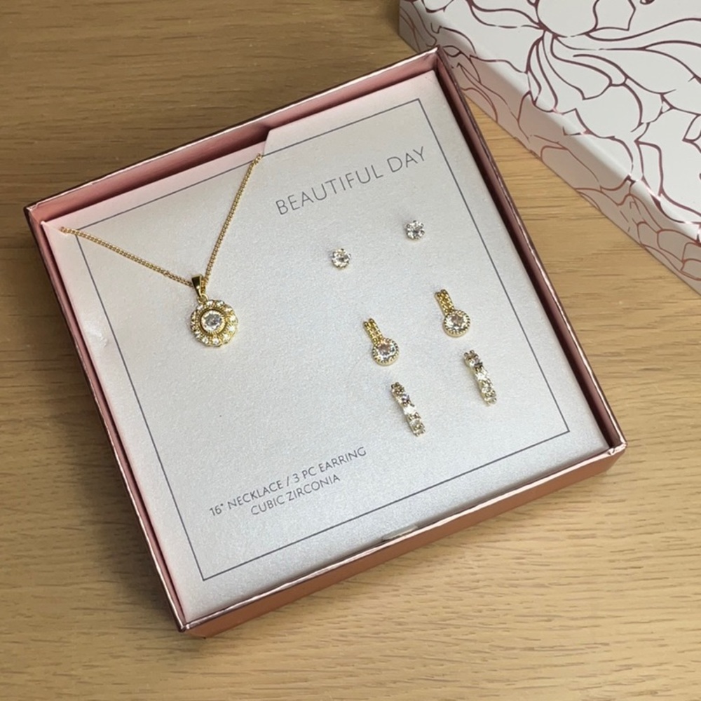 Yellow Goldtone with Cubic Zirconia Box Necklace and Earrings Set - NWOT